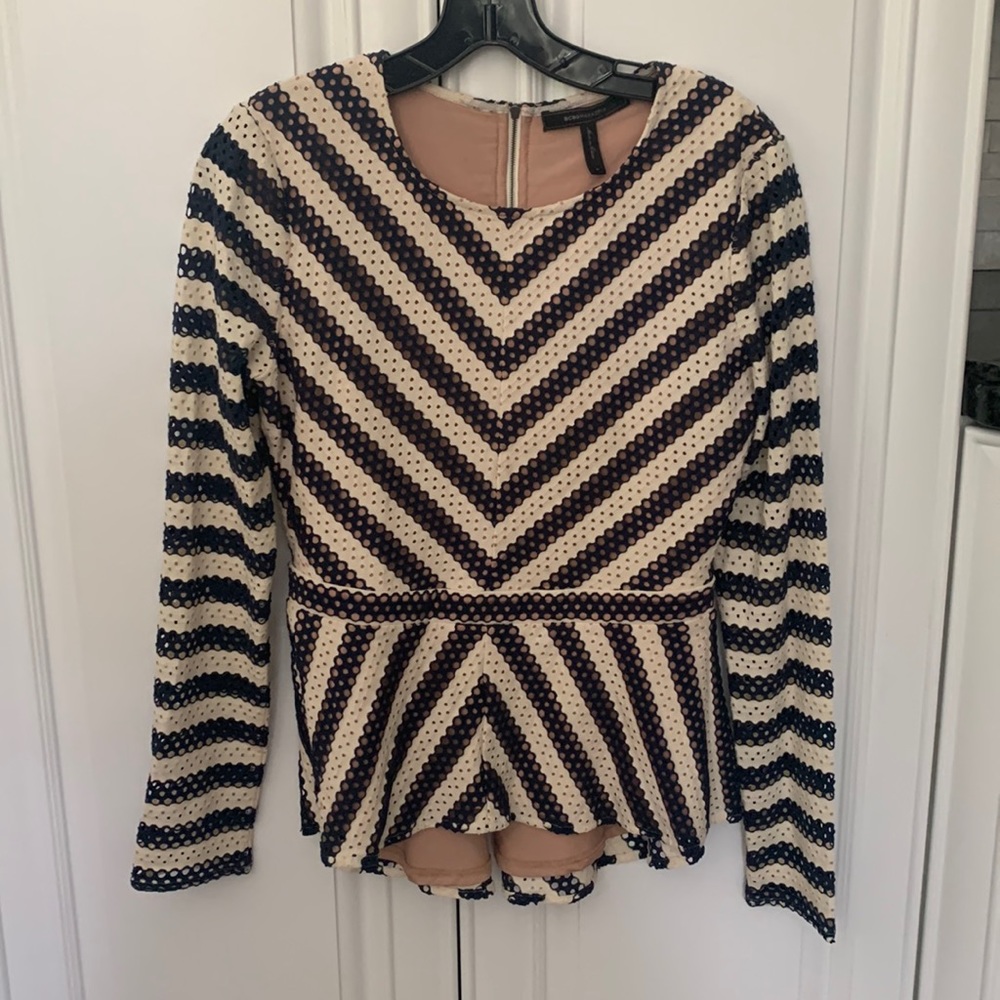 Long sleeve navy and cream stripe knit top by BCBG in size medium.
